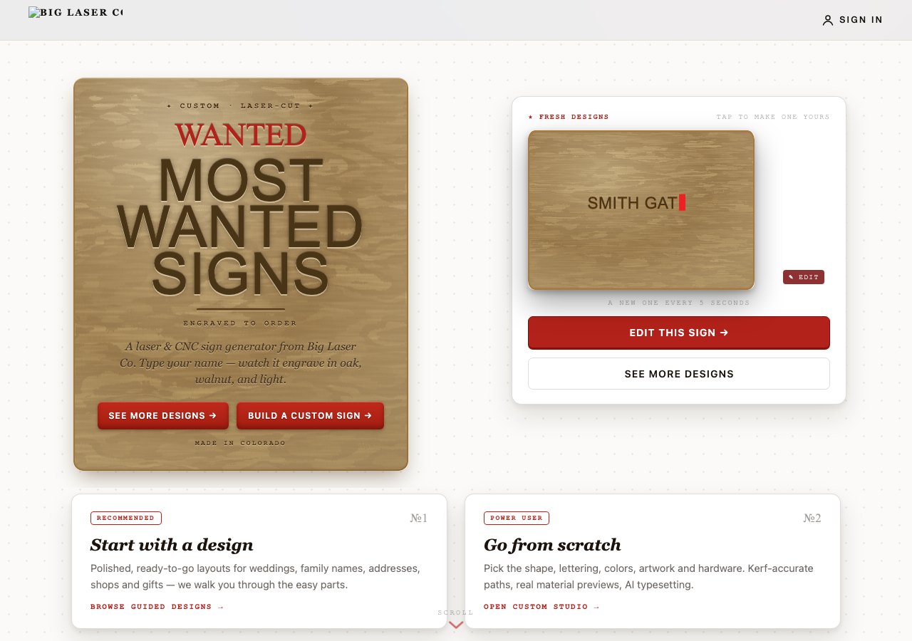 Most Wanted Signs home page with a designed wood sign